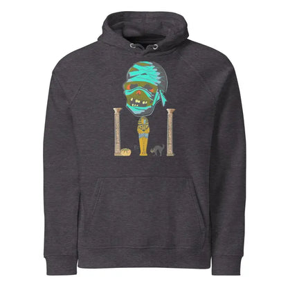 Dark gray eco raglan hoodie with turquoise Egyptian graphic design for comfort and style