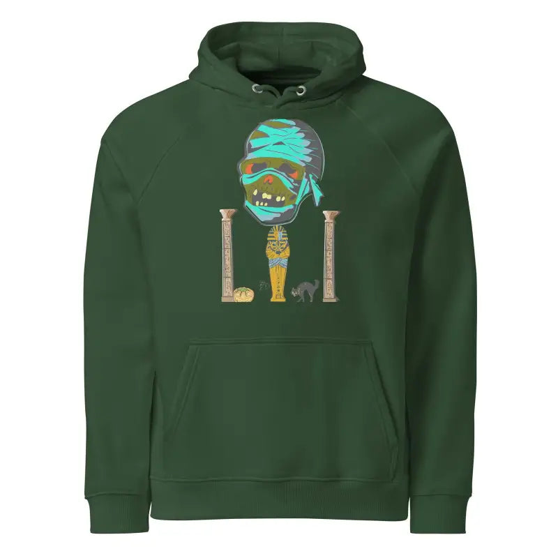 Forest green eco raglan hoodie featuring Egyptian design with turquoise mask and columns