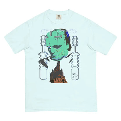 Mint-colored unisex garment-dyed heavyweight t-shirt with Frankenstein graphic and lab equipment