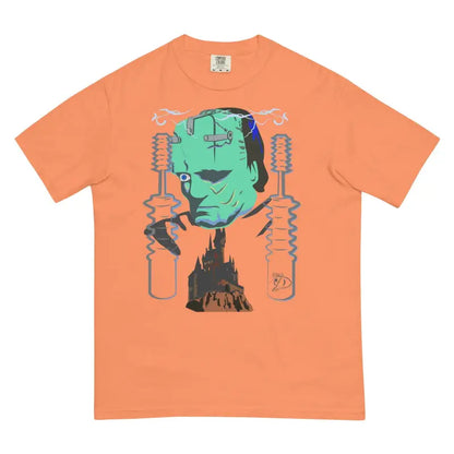 Peach-colored structured unisex garment-dyed tee featuring turquoise monster embrace design