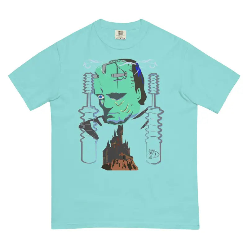 Mint green structured tee with Frankenstein graphic and lab equipment design, unisex garment-dyed heavyweight