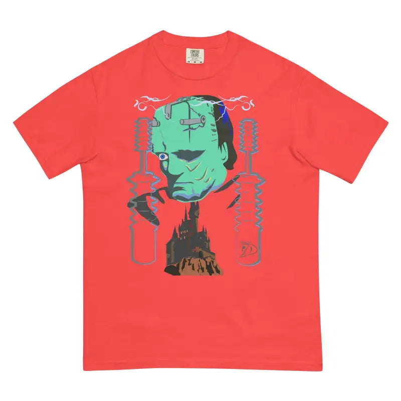 Red structured unisex garment-dyed tee featuring turquoise monster embrace graphic design