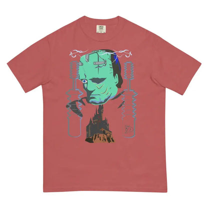 Coral t-shirt with turquoise monster embrace graphic in structured unisex garment-dyed style