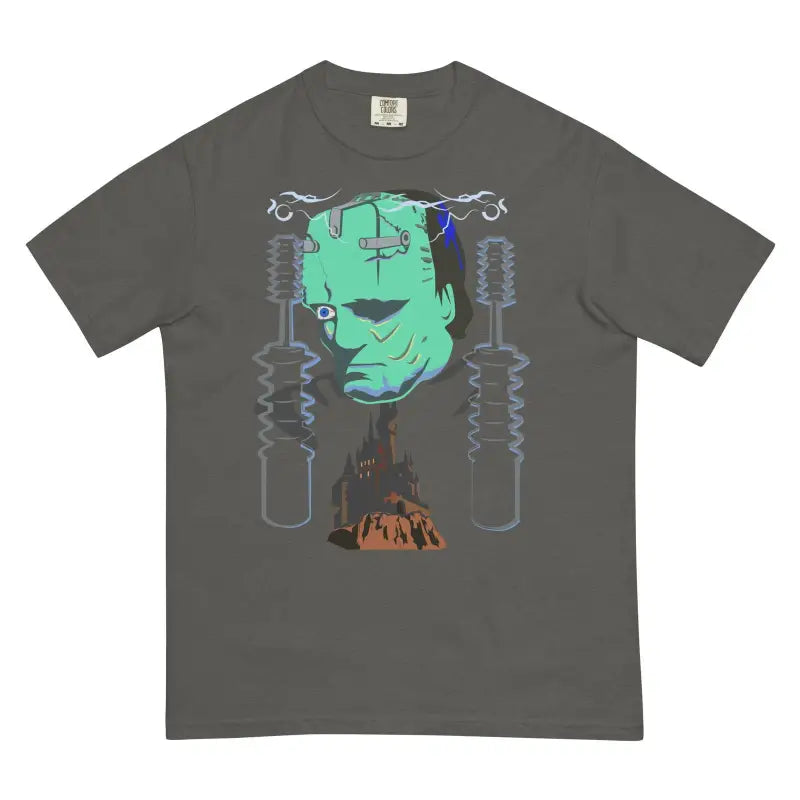 Grey structured unisex garment-dyed tee featuring turquoise monster embrace design