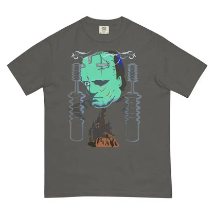 Grey unisex garment-dyed heavyweight t-shirt featuring turquoise monster head design