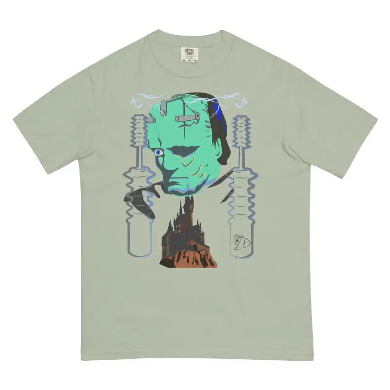 Light sage green unisex garment-dyed heavyweight t-shirt with Frankenstein graphic design