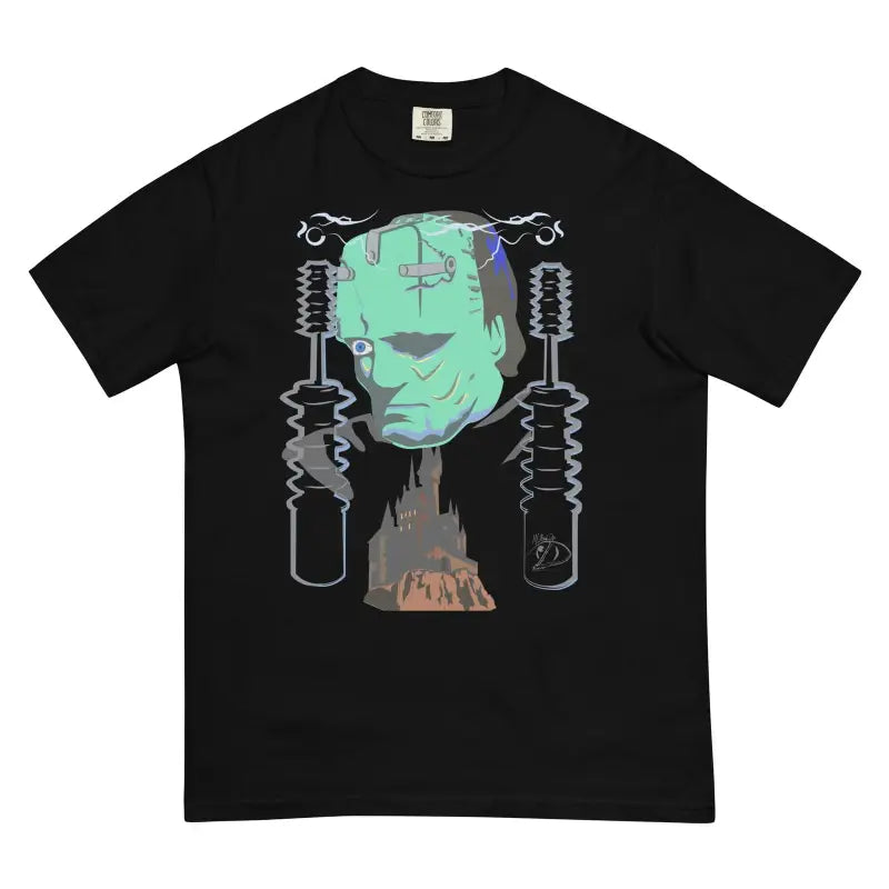 Black unisex garment-dyed heavyweight t-shirt featuring a Frankenstein’s monster design