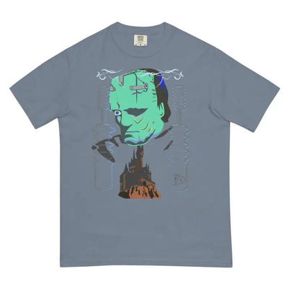 Grey t-shirt featuring turquoise monster embrace graphic in structured unisex garment-dyed design