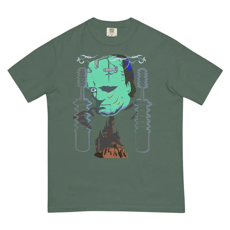 Green t-shirt with Frankenstein design and lightning bolts in Turquoise Monster Embrace