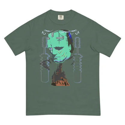 Green unisex garment-dyed heavyweight t-shirt showcasing Frankenstein’s monster design