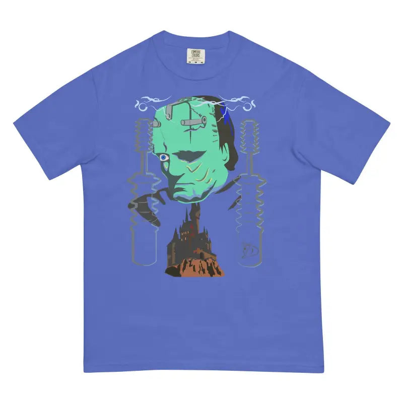 Purple t-shirt with Frankenstein graphic in mint green, part of Turquoise Monster Embrace