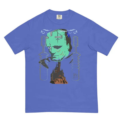 Purple t-shirt with Frankenstein graphic in mint green, part of Turquoise Monster Embrace