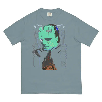 Grey structured unisex garment-dyed tee featuring a turquoise monster embrace design