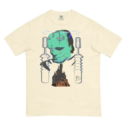 Cream-colored unisex garment-dyed heavyweight t-shirt with Frankenstein design and lab equipment