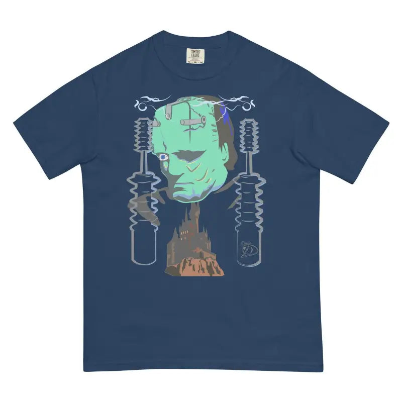 Navy blue t-shirt with Frankenstein’s monster design in Turquoise Monster Embrace style