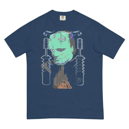 Navy blue unisex garment-dyed heavyweight tee featuring Frankenstein’s monster design