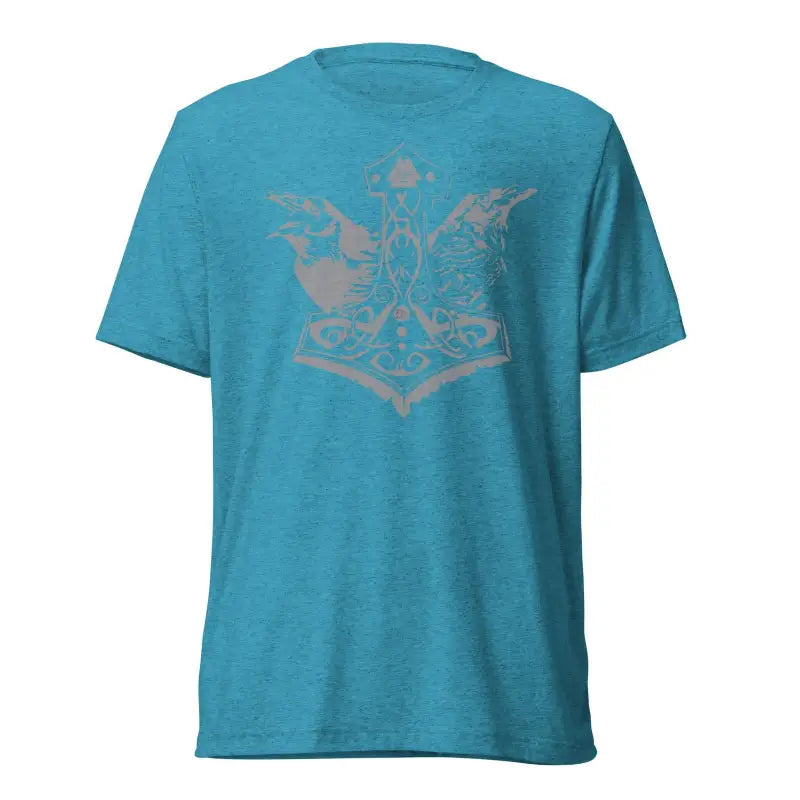 Turquoise pre-shrunk triblend t-shirt featuring grey Mjölnir and ravens design