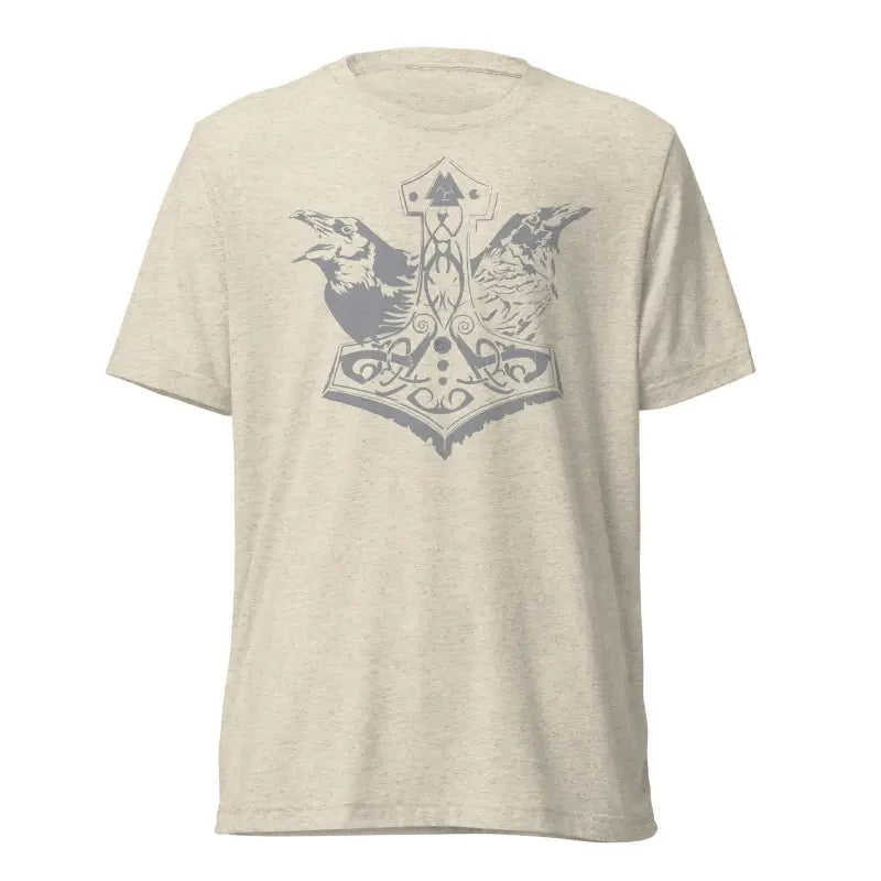 Beige T-shirt featuring Matthew Dye art of Mjölnir and ravens from Norse mythology