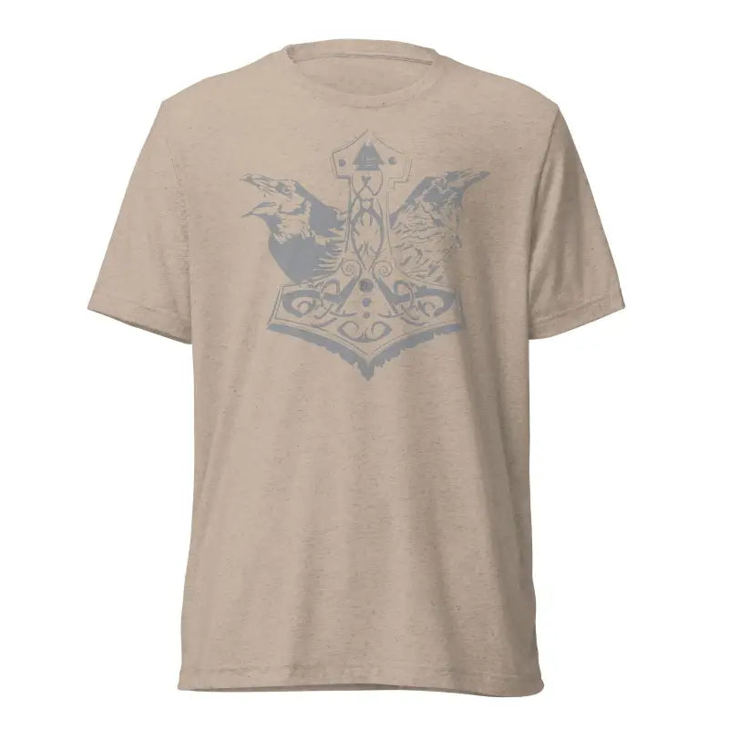 Beige t-shirt featuring faded blue eagle design on pre-shrunk triblend fabric