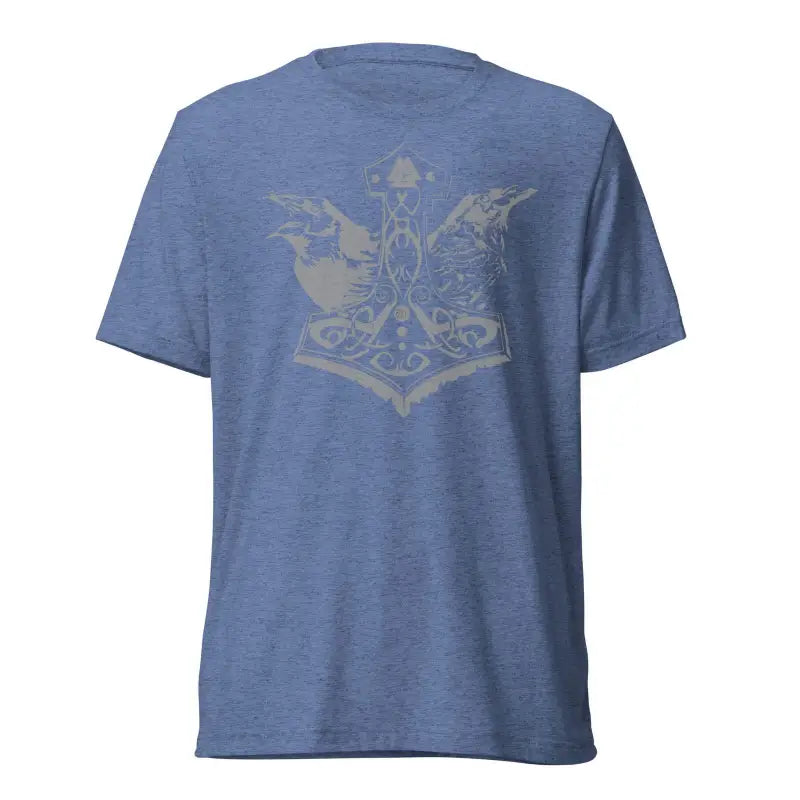 Blue pre-shrunk triblend t-shirt featuring grey Mjölnir and ravens design on front