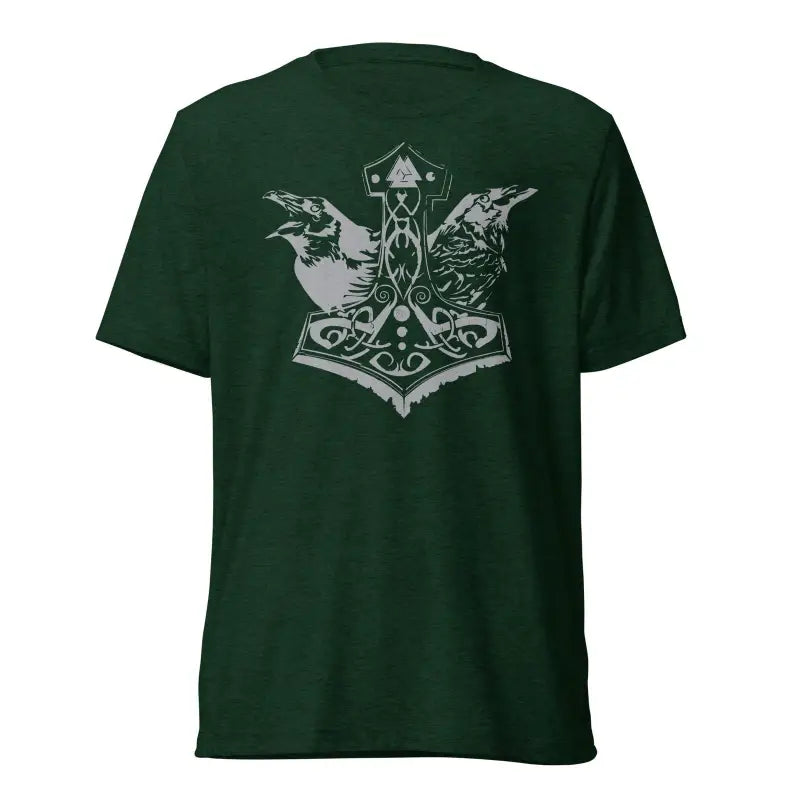 Dark green t-shirt featuring Mjölnir and ravens design by Matthew Dye Art inspired by Norse mythology