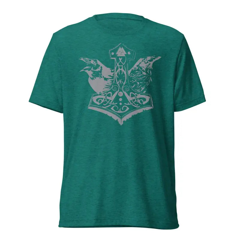 Green pre-shrunk triblend t-shirt featuring a grey Mjölnir and ravens design