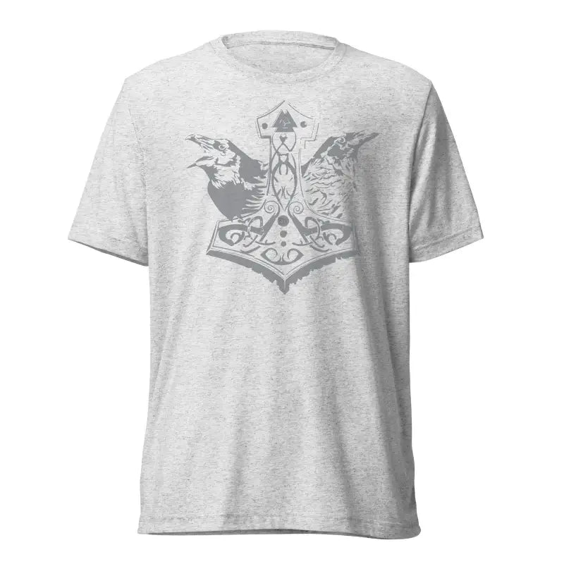 Light gray pre-shrunk triblend t-shirt featuring grey Mjölnir and ravens design