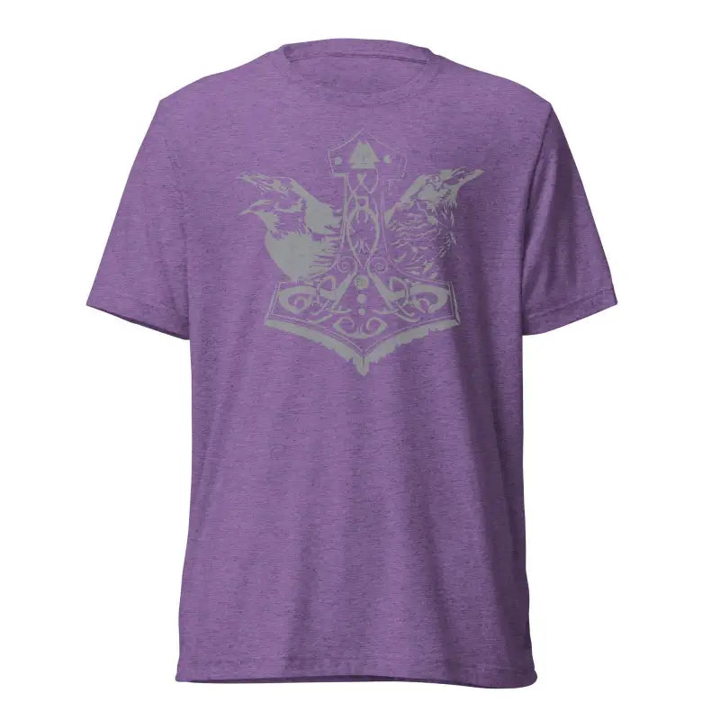 Purple T-shirt with gray Mjölnir and ravens design, inspired by Norse mythology