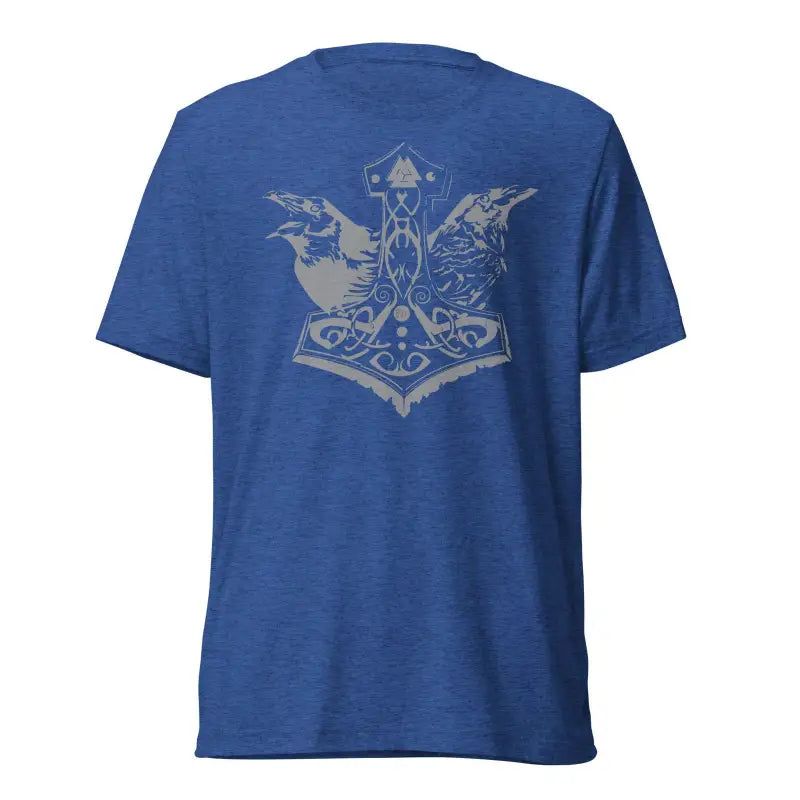 Blue t-shirt featuring gray Mjölnir and ravens design inspired by Norse mythology