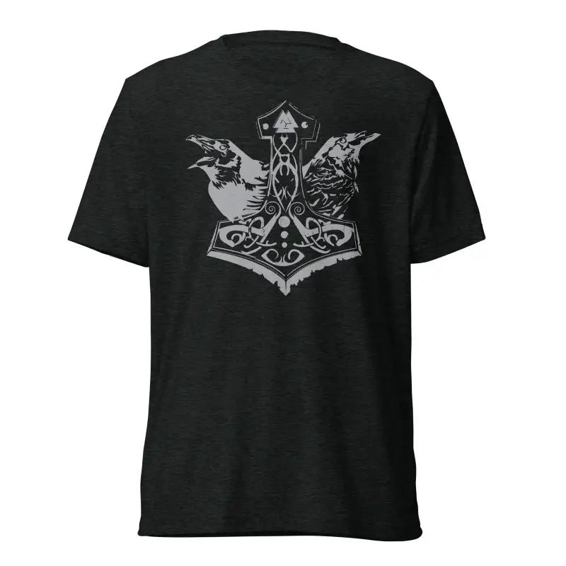 Black t-shirt featuring Matthew Dye art of Mjölnir and ravens inspired by Norse mythology