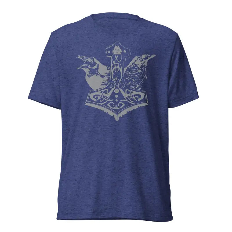 Navy blue pre-shrunk triblend t-shirt featuring grey Mjölnir and ravens design on back