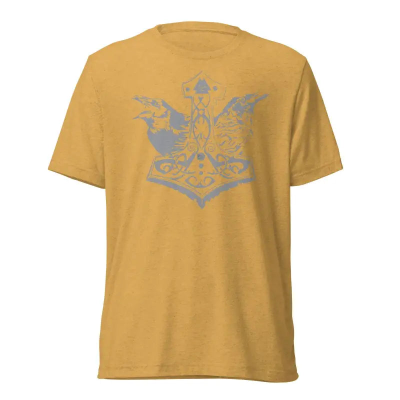 Yellow t-shirt featuring gray butterfly design inspired by Norse mythology and Matthew Dye art