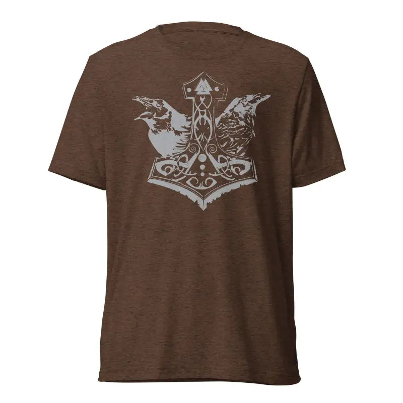 Brown pre-shrunk triblend t-shirt featuring grey Mjölnir, ravens, and Celtic knotwork design