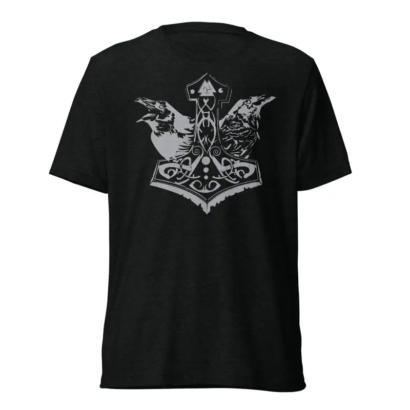 Black pre-shrunk triblend t-shirt featuring grey Mjölnir and ravens design