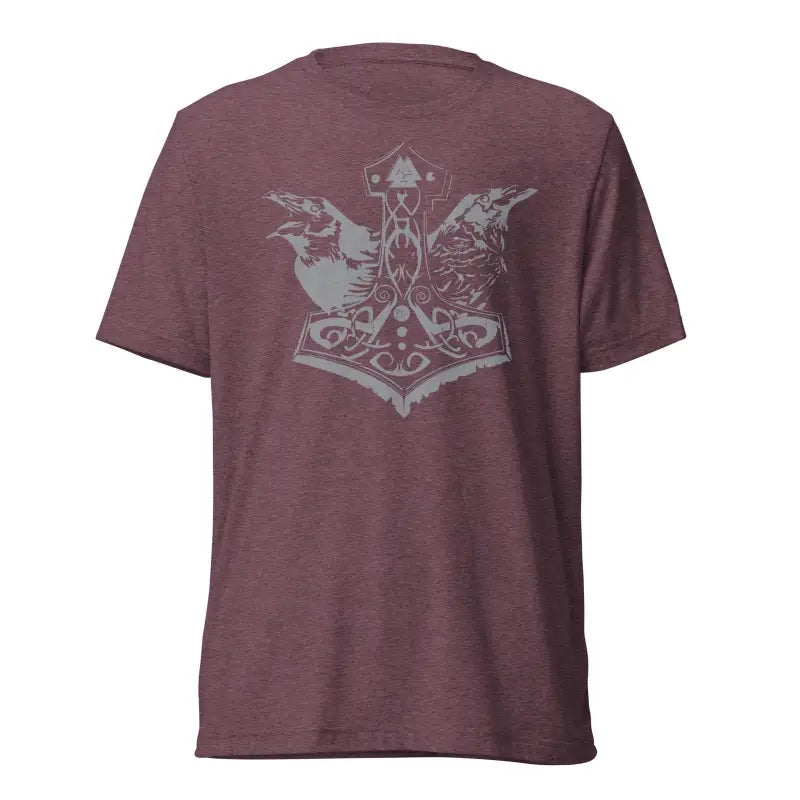 Burgundy T-shirt featuring Norse mythology Mjölnir and ravens design by Matthew Dye Art