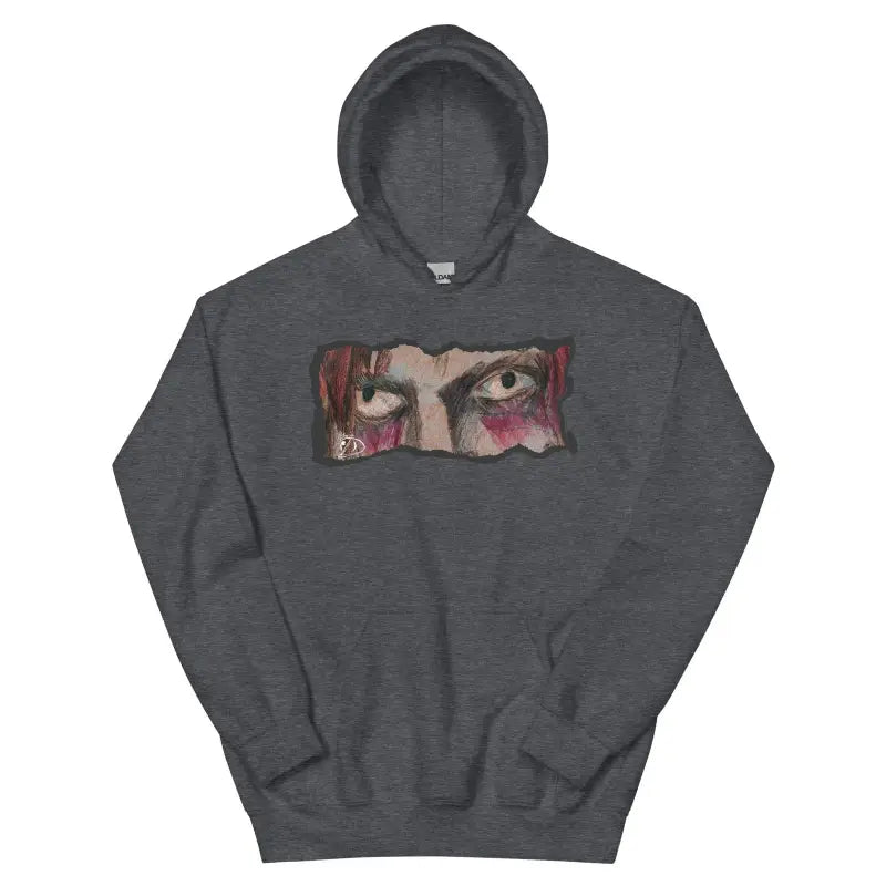 Dark gray cozy go-to hoodie featuring an artistic eye design on the chest