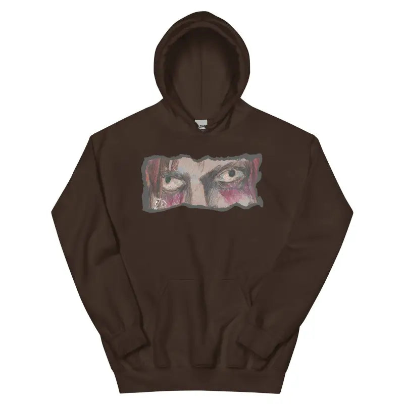 Brown hooded sweatshirt with eye design, perfect for a cozy go-to hoodie style