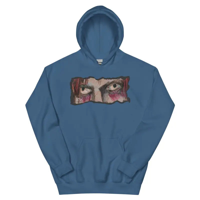 Blue cozy go-to hoodie featuring an artistic eye design graphic on the chest