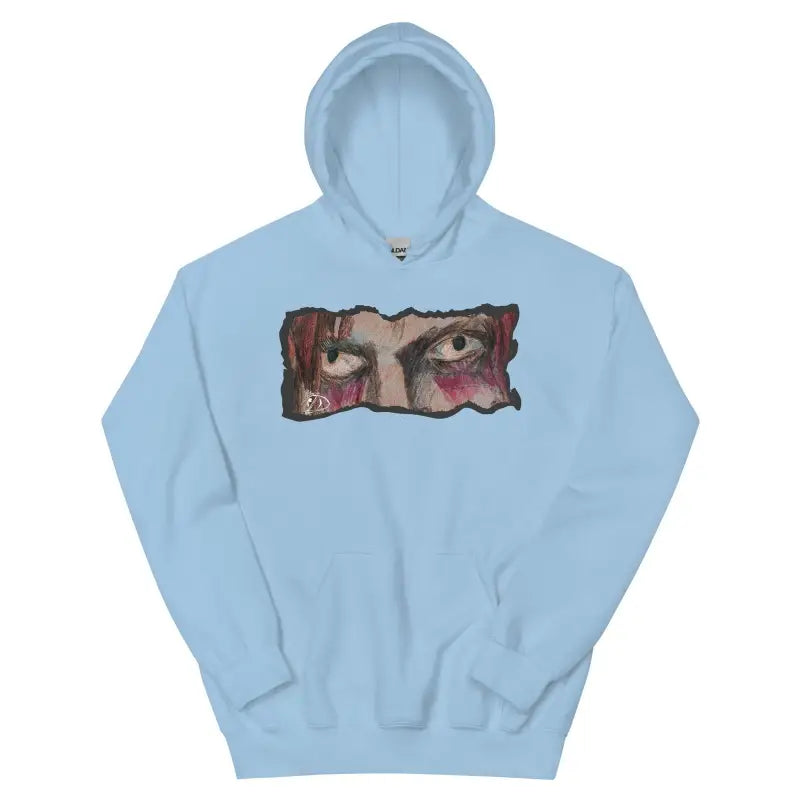 Light blue Cozy Go-To Hoodie featuring an artistic eye design on the chest