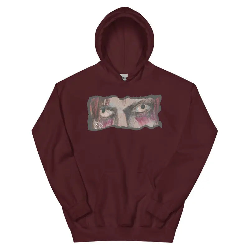 Maroon Cozy Go-To Hoodie featuring artistic eye design on the chest for stylish comfort