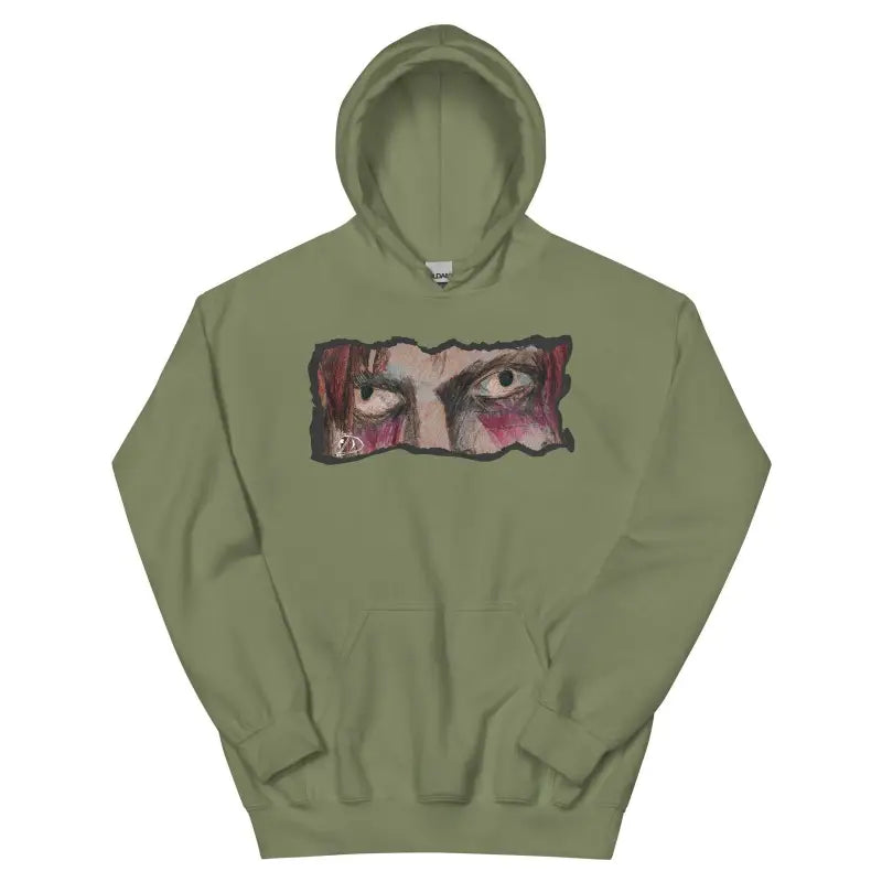 Olive green cozy go-to hoodie featuring artistic eye design on the chest