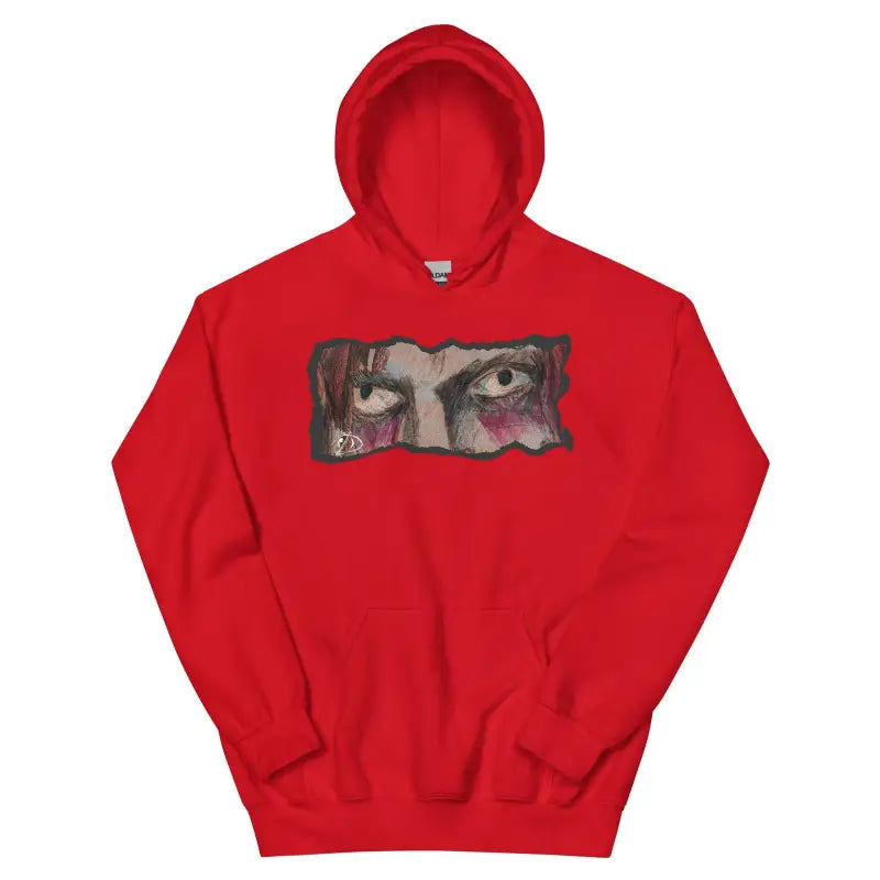 Red cozy go-to hoodie featuring an artistic eye design on the chest