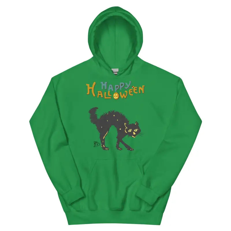 Green hooded sweatshirt with scary cat Halloween design and Happy Halloween text