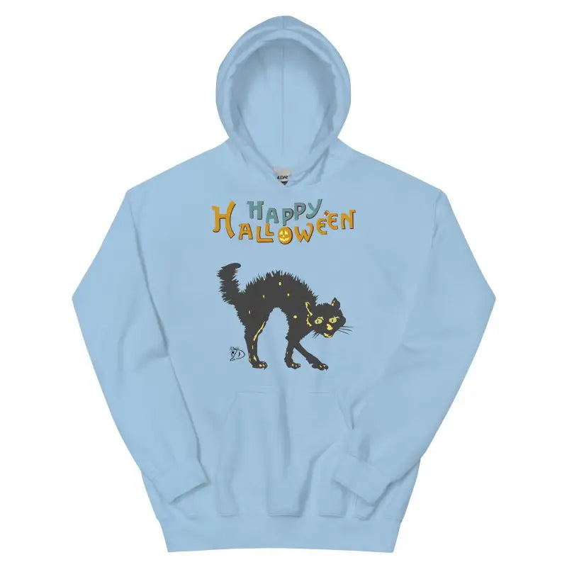 Light blue hoodie with black cat and Happy Halloween text for a scary cat Halloween design