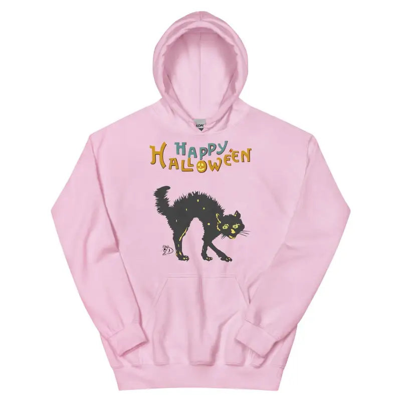 Pink hooded sweatshirt with a scary cat design and Happy Halloween text for festive style