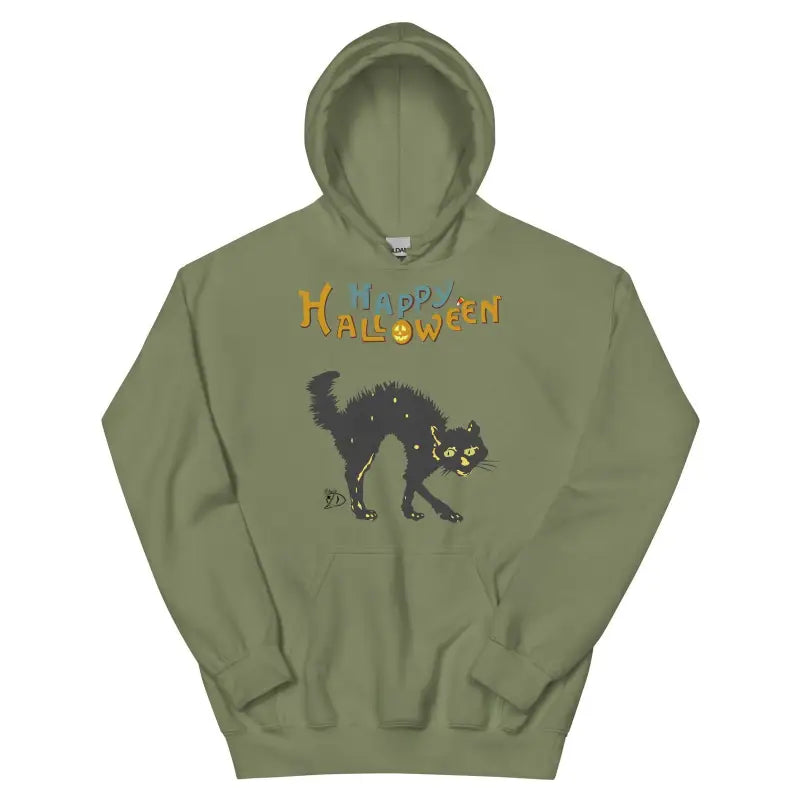 Olive green hoodie with scary cat Halloween design and Happy Halloween text