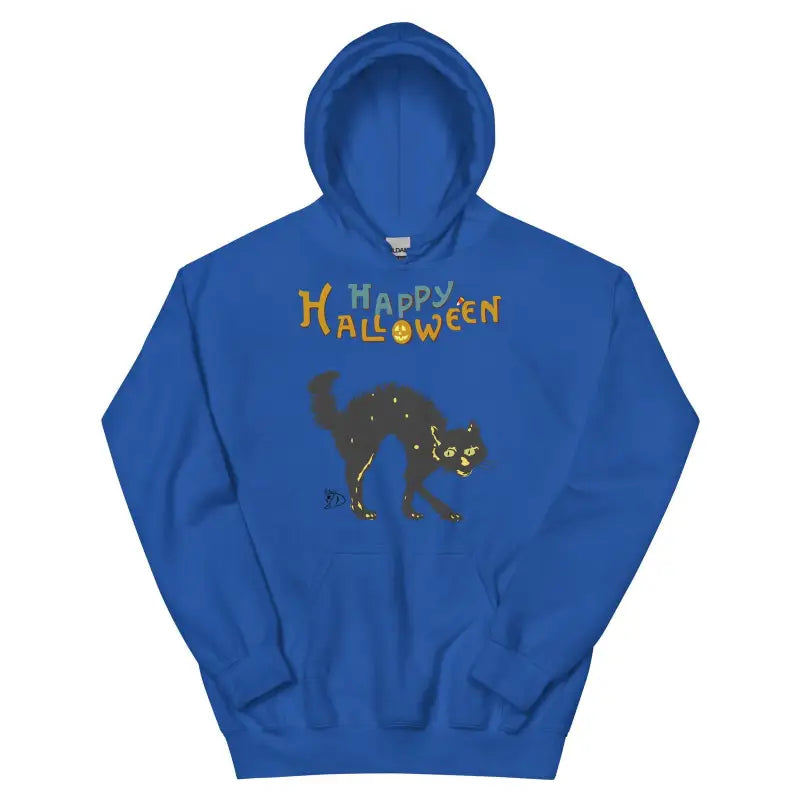 Royal blue hoodie with a scary cat Halloween design, perfect for festive celebrations