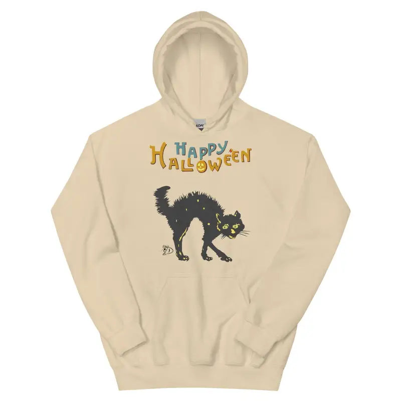 Beige hoodie sweatshirt with scary cat and Happy Halloween design for festive style