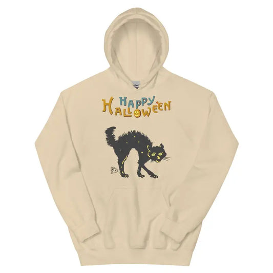 Beige hoodie sweatshirt with scary cat and Happy Halloween design for festive style