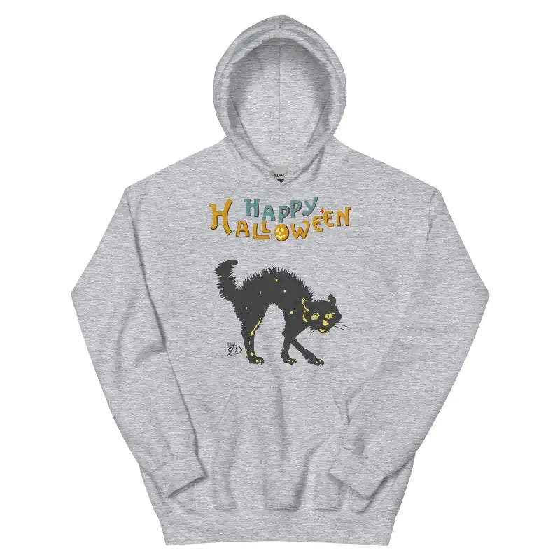 Grey hooded sweatshirt with scary cat Halloween design and Happy Halloween text